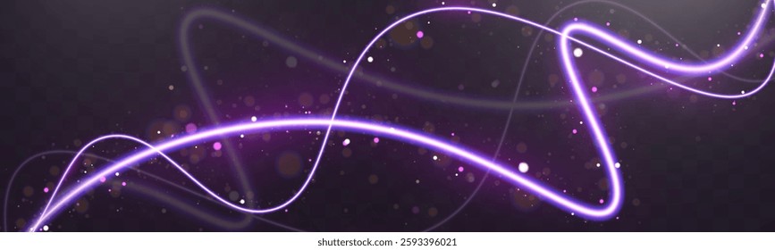 Abstract glowing light trails with bokeh and sparkles on a smooth background. Dynamic motion effect for futuristic, digital, and technology-themed designs.	