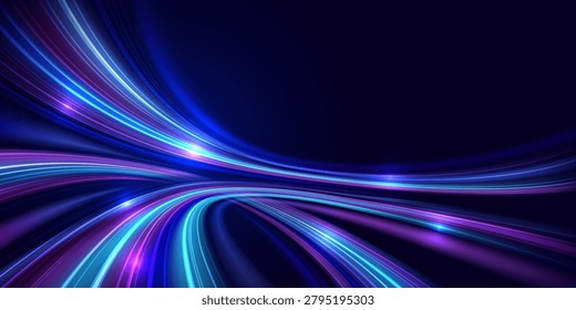 Abstract glowing light trails converging and intersecting on a dark blue background, symbolizing digital connectivity, data flow and advanced technology. Vector illustration.