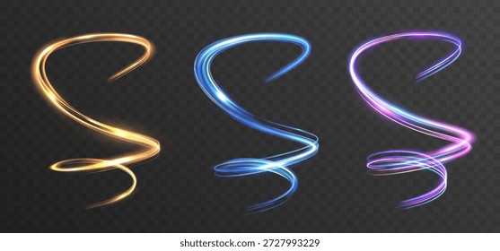 Trilhas de luz brilhantes abstratas formando espirais e curvas elegantes em cores quentes e frias em um fundo escuro, ideal para design decorativo, gráficos de movimento e efeitos visuais modernos.