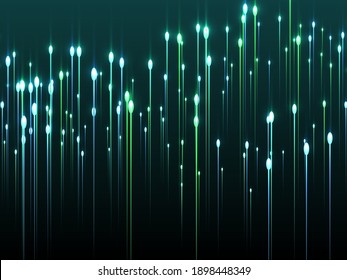 Abstract glowing line beams fiber optics vector. Geometric neon teal glow elements. Scientific lines shift up visual pattern. Fiber optics compound background.