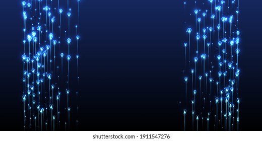 Abstract glowing line rays fiber optics vector. Geometric neon blue flare particles. Social science lines shift up visual design. Fiber optics compound background.