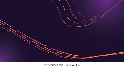 Abstractas líneas brillantes y curvas en tonos naranja y rojo sobre un fondo degradado púrpura oscuro.