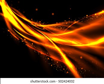 Abstract glowing lines of fire and stars on a black background, vector illustration