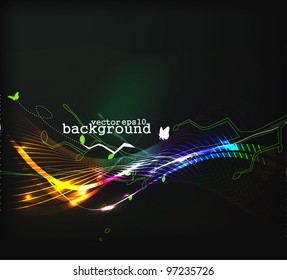 Abstract glowing lines of light with rainbow colors background.