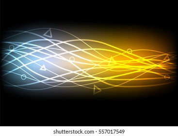 Abstract glowing lines on black background. Blue and orange neon light curved lines. Vector banner