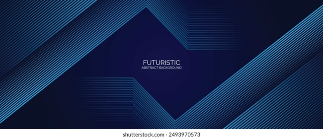 Abstract glowing lines on dark blue background. Geometric stripe line art design. Modern shiny blue lines. Futuristic technology concept. Horizontal banner template. Vector illustration