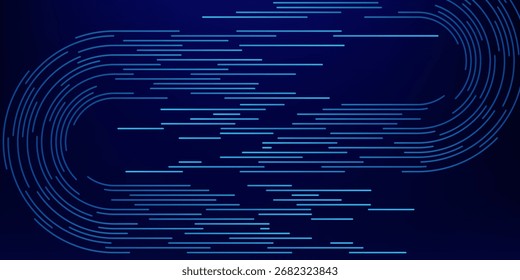 Abstract glowing lines on dark blue background. Motion lines. Modern shiny blue geometric stripe lines. Futuristic graphic. Digital technology concept.