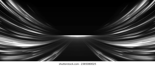 Abstract glowing lines of white color on a black background in the form of an motorway. Vector futuristic empty neon background. High tech lines, studio product, future cyberspace concept.	