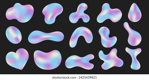 Abstract glowing liquid wavy shapes. 3d holographic elements, gradient vector figures of various forms. Set of modern futuristic y2k design of shimmering colors.