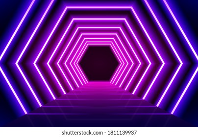 Resumen brillando las luces de neón azul magenta en el fondo del suelo.  Concepto basado en el hexágono de perspectiva.  vip neon light concepto de entrada o festival. ilustración vectorial.