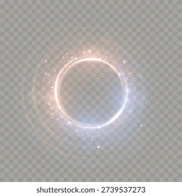 Abstract glowing magic circle frame with neon light ring, sparkles and bokeh particles isolated on transparent background.