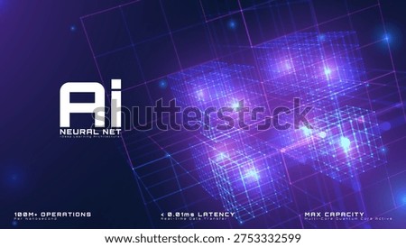 Abstract glowing mesh square background with futuristic AI technology concept. Blue neon wireframe cube digital network landscape. Vector illustration.