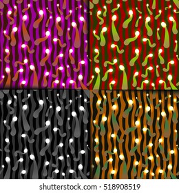 Abstract glowing mushrooms seamless pattern. Background fungal vector illustration. Fantasy set. Magical bioluminescent mushrooms colorful variants.