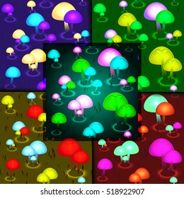 Abstract glowing mushrooms seamless pattern. Background fungal vector illustration. Fantasy set. Magical bioluminescent mushrooms colorful variants.