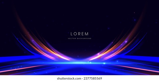 Abstract glowing neon blue and gold light ray curved on dark blue background with lighting effect. Vector illustration