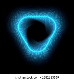 Abstraktes, leuchtendes neonblaues Dreieck mit Punkten auf dunkelviolettem Hintergrund. Vektorillustration.