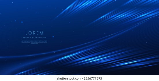 Abstract glowing neon blue wave lines on dark blue background. Hi-speed concept design. Vector illustration