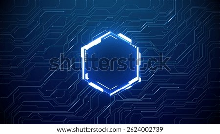 Abstract glowing neon hexagon frame design. Technology cyber portal on circuit board with space for text. Great for web-banner. Game and cyberpunk background. Abstract digital vector bg.
