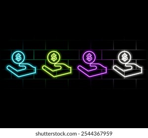 Abstract glowing neon investment icon. Dollar sign with hand on business growth icon animation on black background.