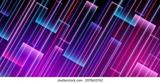 Abstract glowing neon light geometric shape background. Modern vibrant blue pink purple square pattern creative design. Futuristic technology neon lights lines concept. Vector illustration