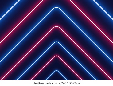 abstract glowing neon lines in vibrant blue and pink form sharp chevron arrows on a dark background, technology, futuristic, and modern design projects