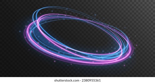 Abstract glowing neon rings with flying particles isolated on dark transparent background. A bright trail of light swirling in a spiral. Purple and blue flash. Vector illustration. EPS 10.