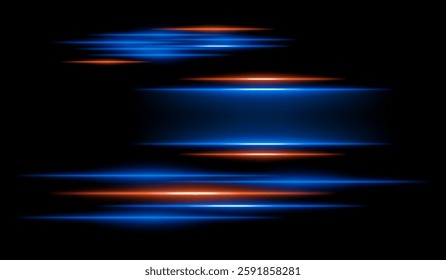 Abstract glowing orange and blue light streaks on a dark background. Multiple parallel neon beams with motion blur and radiant flare create a futuristic speed and energy effect