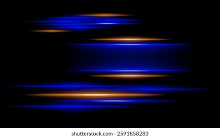 Abstract glowing orange and blue light streaks on a dark background. Multiple parallel neon beams with motion blur and radiant flare create a futuristic speed and energy effect