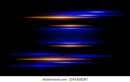Abstract glowing orange and blue light streaks on a dark background. Multiple parallel neon beams with motion blur and radiant flare create a futuristic speed and energy effect