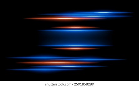 Abstract glowing orange and blue light streaks on a dark background. Multiple parallel neon beams with motion blur and radiant flare create a futuristic speed and energy effect