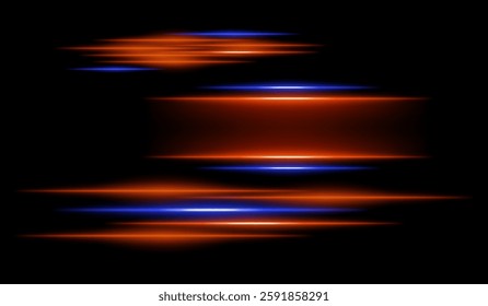 Abstract glowing orange and blue light streaks on a dark background. Multiple parallel neon beams with motion blur and radiant flare create a futuristic speed and energy effect