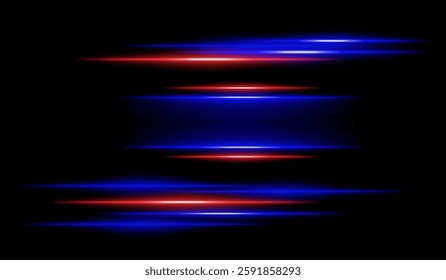 Abstract glowing orange and blue light streaks on a dark background. Multiple parallel neon beams with motion blur and radiant flare create a futuristic speed and energy effect