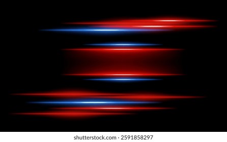 Abstract glowing orange and blue light streaks on a dark background. Multiple parallel neon beams with motion blur and radiant flare create a futuristic speed and energy effect