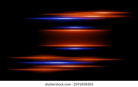 Abstract glowing orange and blue light streaks on a dark background. Multiple parallel neon beams with motion blur and radiant flare create a futuristic speed and energy effect