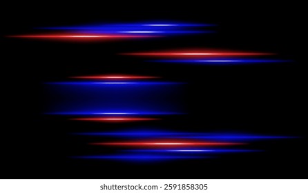 Abstract glowing orange and blue light streaks on a dark background. Multiple parallel neon beams with motion blur and radiant flare create a futuristic speed and energy effect