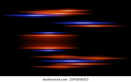 Abstract glowing orange and blue light streaks on a dark background. Multiple parallel neon beams with motion blur and radiant flare create a futuristic speed and energy effect