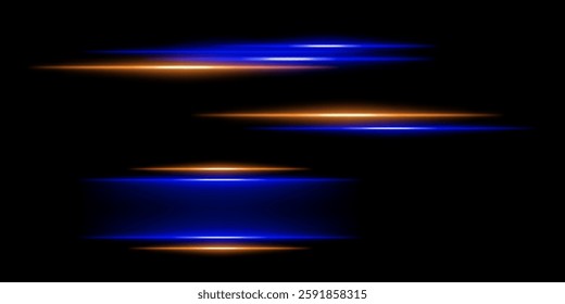 Abstract glowing orange and blue light streaks on a dark background. Multiple parallel neon beams with motion blur and radiant flare create a futuristic speed and energy effect