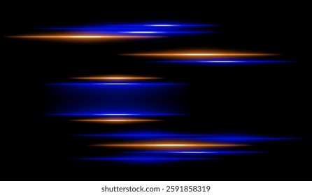 Abstract glowing orange and blue light streaks on a dark background. Multiple parallel neon beams with motion blur and radiant flare create a futuristic speed and energy effect