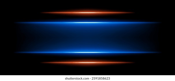 Abstract glowing orange and blue light beams on a dark background. Four parallel neon streaks create a futuristic energy effect with smooth gradients and a radiant glow