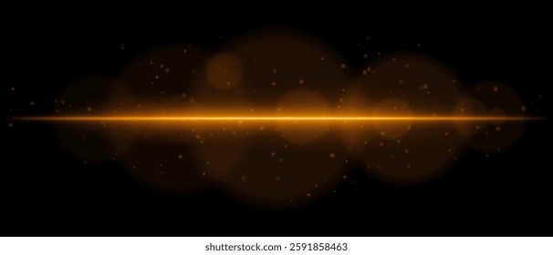 Abstract glowing orange light streak on a dark background. A horizontal neon beam with radiant flare, bokeh effects, and floating particles creates a futuristic and dynamic energy glow