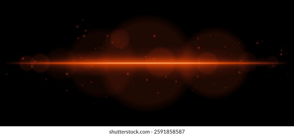 Abstract glowing orange light streak on a dark background. A horizontal neon beam with radiant flare, bokeh effects, and floating particles creates a futuristic and dynamic energy glow