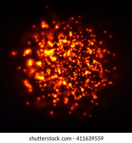 Abstract glowing particles background. Many lights space in dark. Vector background.