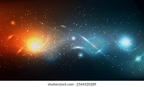 Abstract glowing particles dynamic line waves. Blue orange purple vibrant energy flow. Cosmic sparkling star light points, soft gradient landscape on dark tech background. Golden dust magic pattern