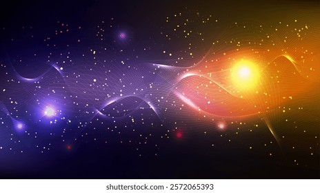 Abstract glowing particles dynamic line waves. Blue orange purple vibrant energy flow. Cosmic sparkling star light points, soft gradient landscape on dark tech background. Golden dust magic pattern