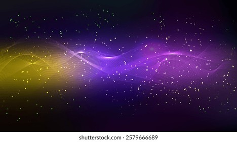 Abstract glowing particles dynamic line waves. Blue orange purple vibrant energy flow. Cosmic sparkling star light points, soft gradient landscape on dark tech background. Golden dust magic pattern