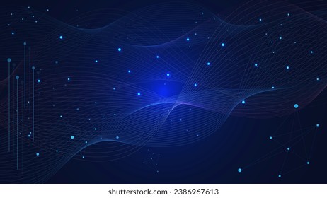 Abstract glowing particles with molecular structure and wave flow. Network connection, chemistry, communication, science and technology background. Vector illustration.