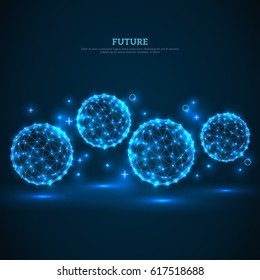 Abstract glowing particles on dark blue background. Connection Structure. Geometric Modern Technology Concept.  Sphere wireframe futuristic backdrop. Vector illustration.