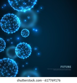 Abstract glowing particles on dark blue background. Connection Structure. Geometric Modern Technology Concept.  Sphere wireframe futuristic border. Vector illustration.