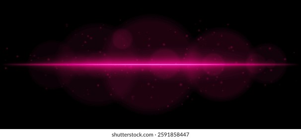 Abstract glowing pink light streak on a dark background. A horizontal neon beam with radiant flare, bokeh effects, and floating particles creates a futuristic and dynamic energy glow