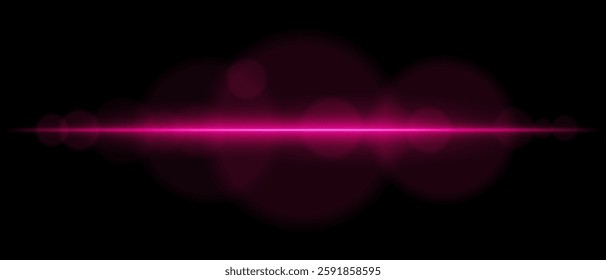 Abstract glowing pink light streak on a dark background. A horizontal neon beam with radiant flare and bokeh effects creates a futuristic and dynamic energy glow